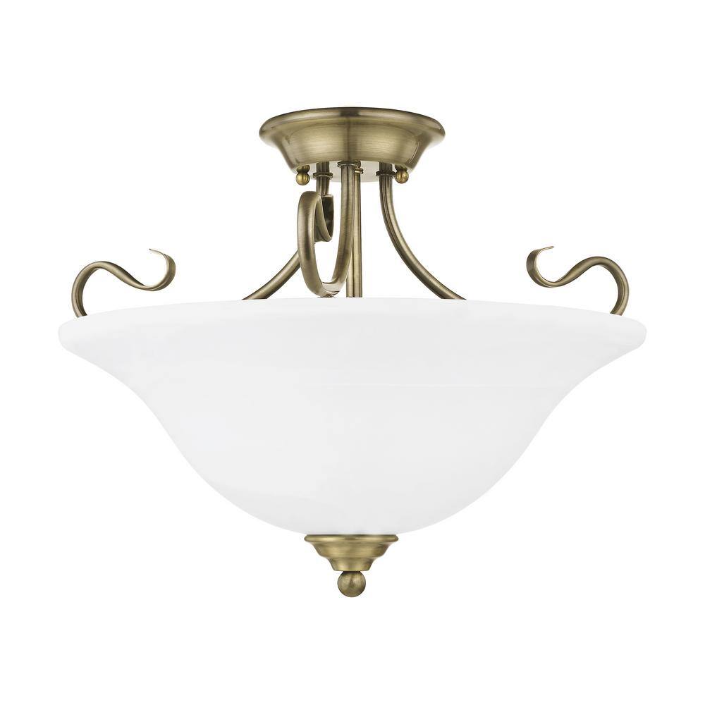 Antique Brass 3-Light Semi-Flush Mount with White Alabaster Glass