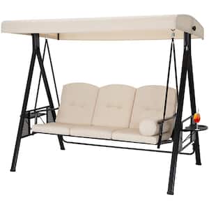 3-Person Steel Frame Outdoor Patio Swing Chair in Beige with Canopy and Cushions