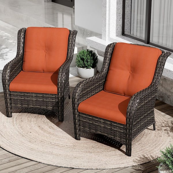 Gardenbee Ergonomic Arm 2-Piece Patio Wicker Outdoor Lounge Chair with Thick Orange Cushions