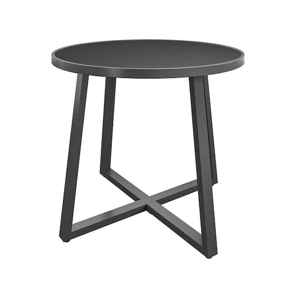 35in Dark Gray Metal Round Outdoor Dining Table in Glass Top