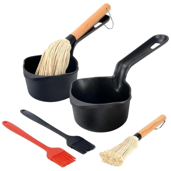 2 Piece Cast Iron Sauce Pan Set with BBQ Mop Brushes Pre-Seasoned Heavy Duty for Grilling Stovetop Camping