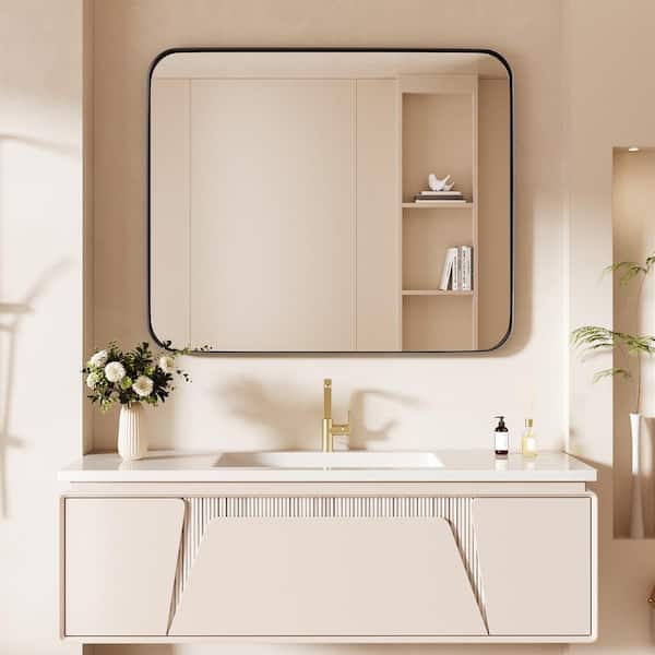 36 in. W x 30 in. H Tempered Glass Rectangular Framed Wall-Mounted Bathroom Vanity Mirror in Black