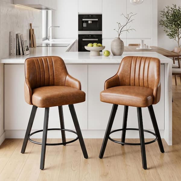 33.46 in. H Brown Full Back Wood Bar Stool with PU Seat Set of 2