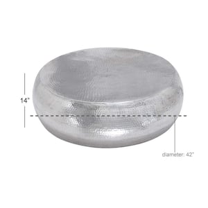 42 in. Silver Medium Round Aluminum Drum Shaped Coffee Table with Hammered Design