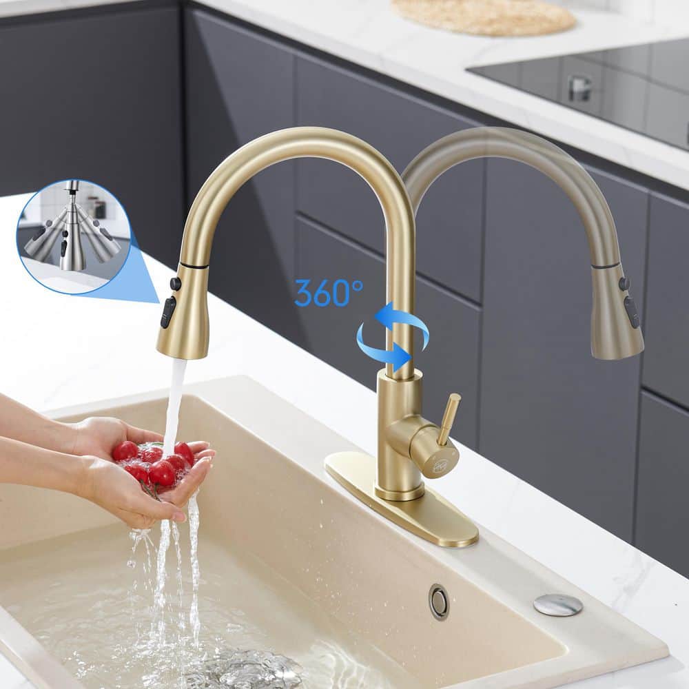 Brushed Gold Stainless Steel High Arc Kitchen Faucet with Pull-out Spray