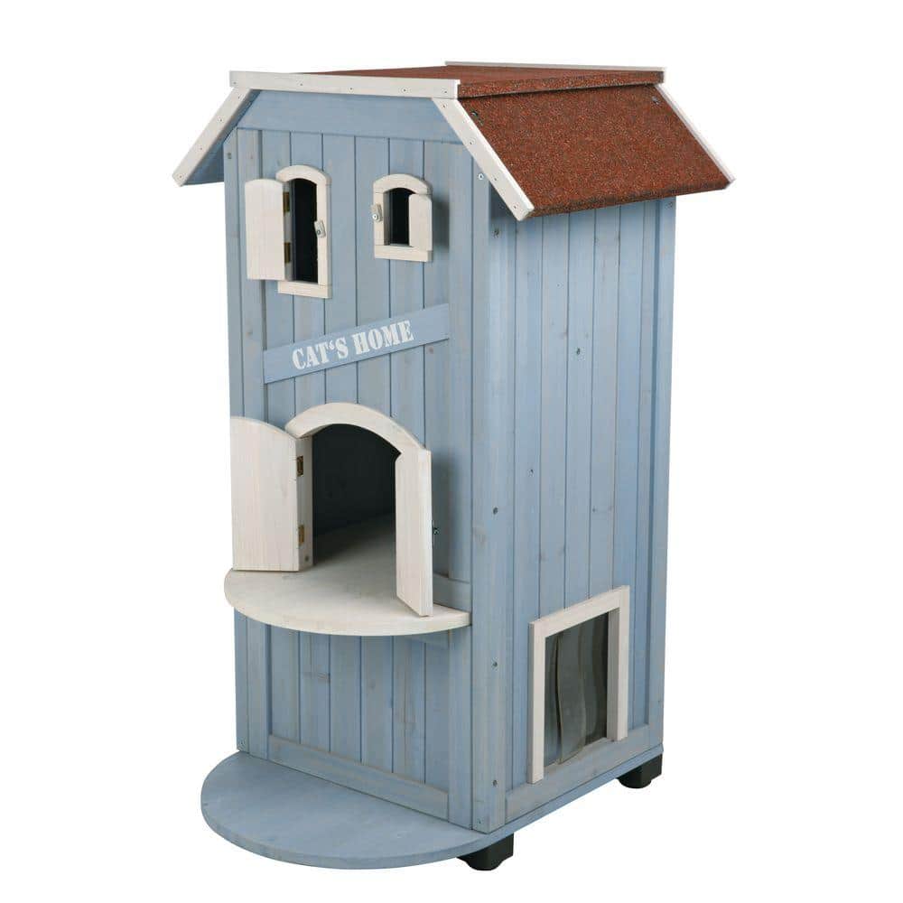 Sky Blue and White Pine 3-Story Outdoor Cat House