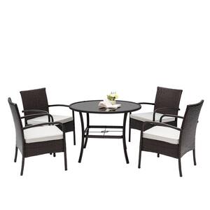 Brown 5-Pieces Synthetic Wicker Patio Dining Set with Beige Cushions and 40 in. Outdoor Dining Table