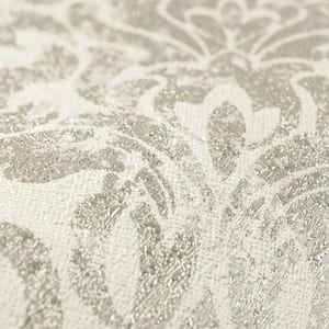 Opal Damask White/Gold White and Gold Wallpaper Sample