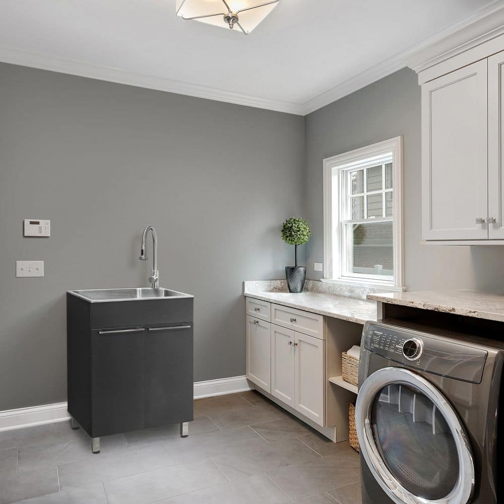 Gray Stainless Steel Drop-In Utility Sink with Faucet and Cabinet