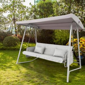 3-Seater Metal Patio Swing Chair with Gray Cushion and Adjustable Canopy