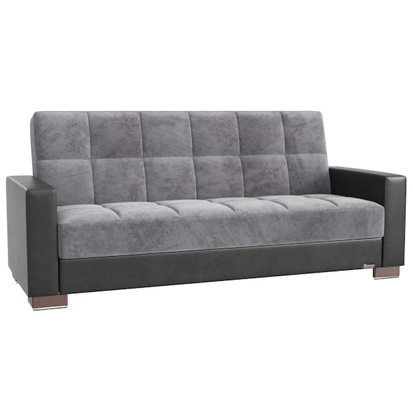 Ottomanson Basics Collection Convertible 87 in. Gray/Black Microfiber 3-Seater Twin Sleeper Sofa Bed with Storage