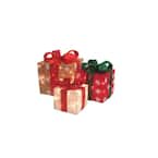 12 in. Christmas Outdoor Decorations Lighted Gold Green and Cream Sisal Gift Boxes (3-Pack)