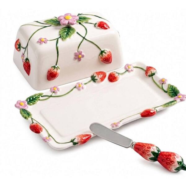 Ceramic Strawberry Butter Dish with Lid and Stainless Steel Knife 3D Relief Design Covered Countertop