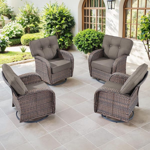 4-Piece Patio Wicker Outdoor Rocking Chair Set Swivel Glide with Gray Cushions