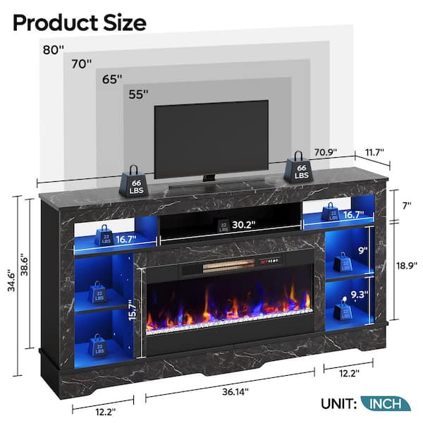 71 in. Black Marble Freestanding Electric Fireplace TV Stand Fits TV Up to 75 in. Entertainment Center with Cabinet