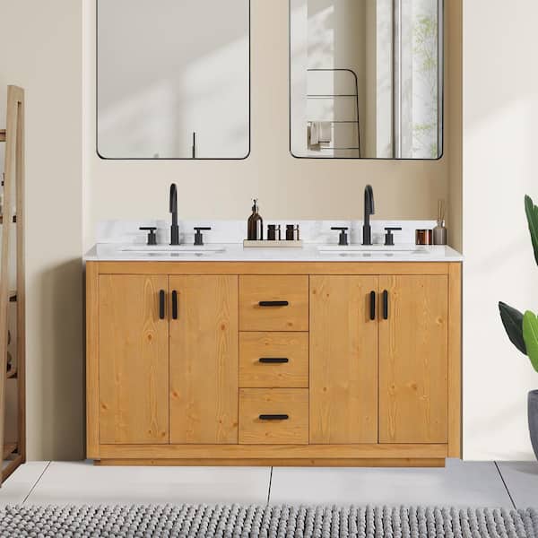 Altair Perla 60 in. W x 22 in. D x 34 in. H Double Sink Bath Vanity in Natural Wood with Grain White Composite Stone Top
