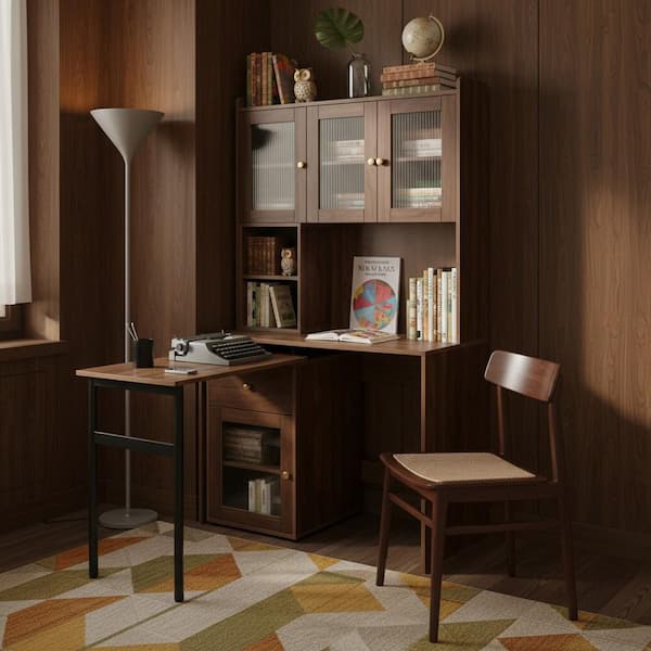 JOKA 70.87 in. Tall Walnut Brown Multi-Function Particle Board Accent Bookcase with Glass Door Cabinets, Drawer, Desktop