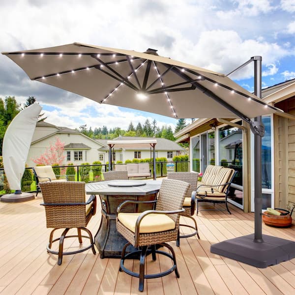 Sonkuki 11 ft. Solar LED Round Aluminum Cantilever Outdoor Umbrellas with Base Stand in Sand
