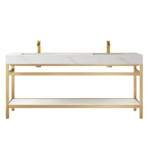 Funes 72 in. W x 22 in. D x 33.9 in. H Double Sink Bath Vanity in Brushed Gold Metal Stand with White Sintered Stone Top