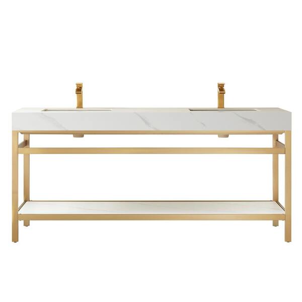 ROSWELL Funes 72 in. W x 22 in. D x 33.9 in. H Double Sink Bath Vanity in Brushed Gold Metal Stand with White Sintered Stone Top