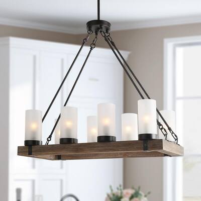 Brown Rectangular Chandelier, Farmhouse Wood 8-Light Black Dining Room Chandelier with Cylindrical Frosted Glass Shades
