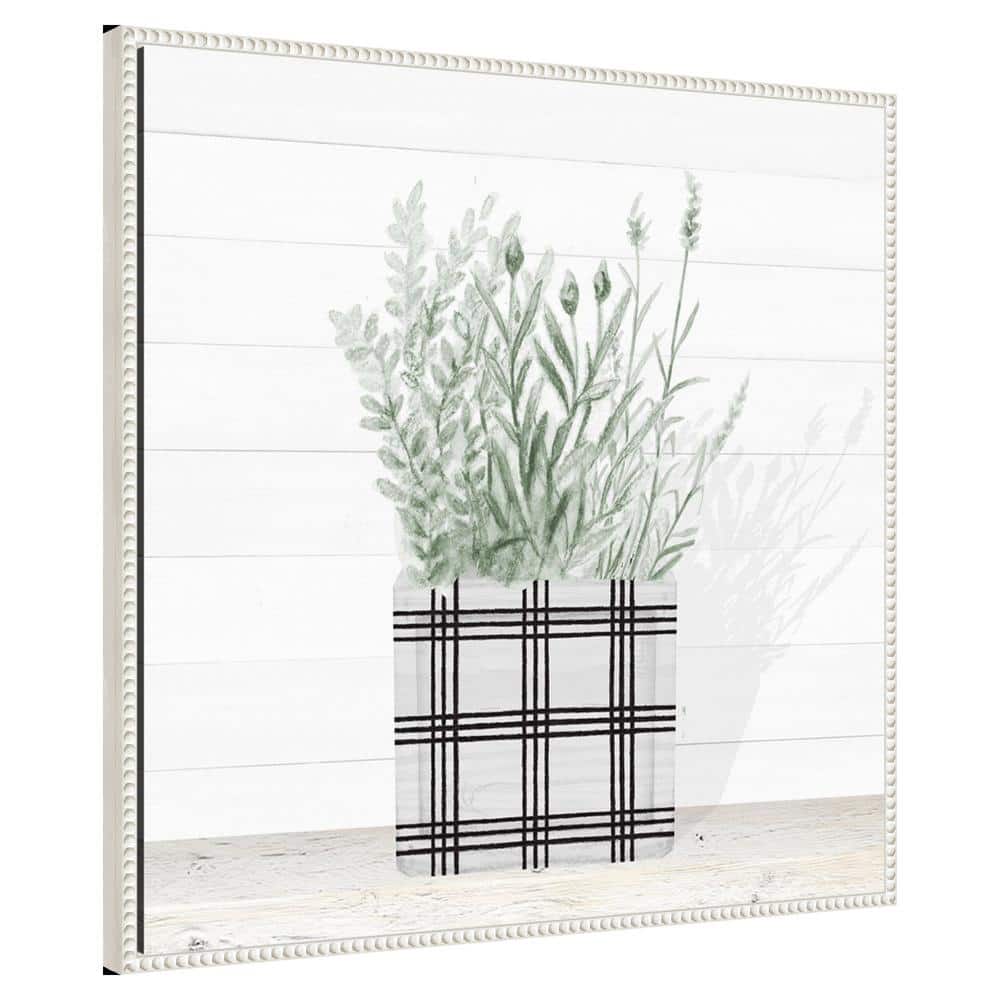 30" White and Green Lavender Blossom Canvas Wall Art in Beaded Frame