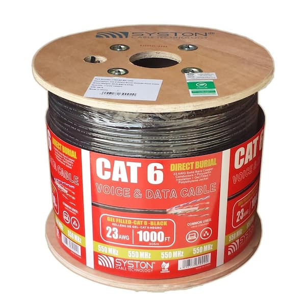 Syston Cable Technology Cat 6 Outside Burial/Aerial 1000 ft. Black 23-4 Gel  Filled Twisted Pair Cable 1793-SP-BK-1000 - The Home Depot