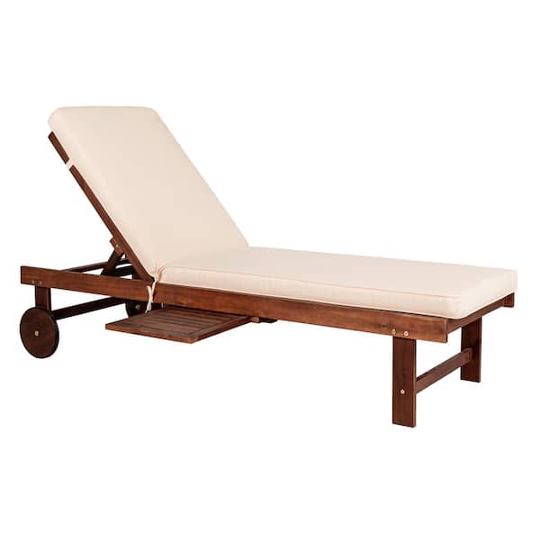 JONATHAN Y Seabrook 69 in. x 24 in. Dark Brown Acacia Wood Outdoor Lounger with Cushion 5-Position Back, Slide Table, Ivory Cushion