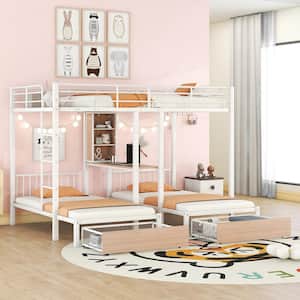 Detachable Style White Full over Twin and Twin Metal Triple Bunk Bed with 2-Drawer, Built-in Desks and Shelves
