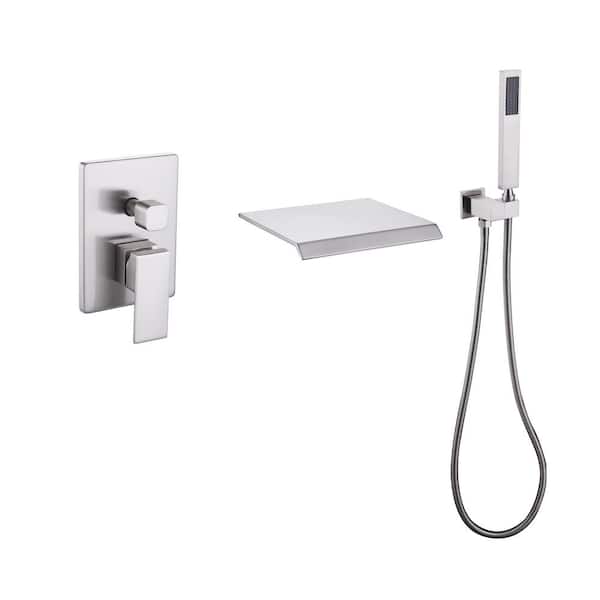Modern Style Wall Mount Tub Filler 1 Handle Bathroom Bathtub Faucet Shower Set in Silver