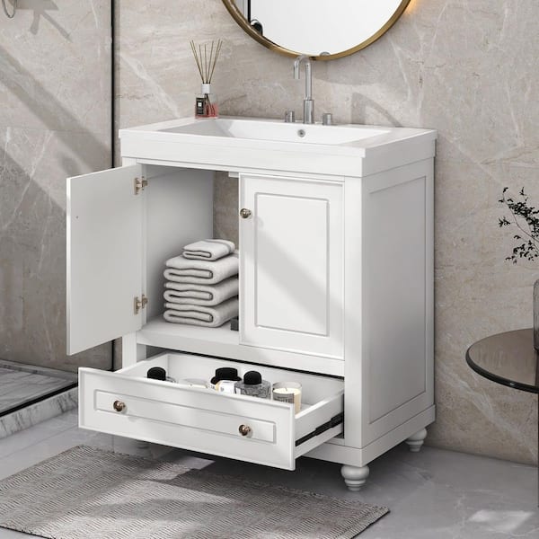 Nestfair 30 in. W x 18 in. D x 34.88 in. H Single Sink Freestanding Bath Vanity in White with White Ceramic Top