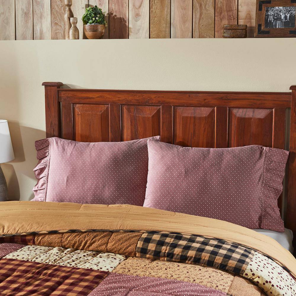 Burgundy Cotton Ruffled Standard Pillowcase Set with White Dots