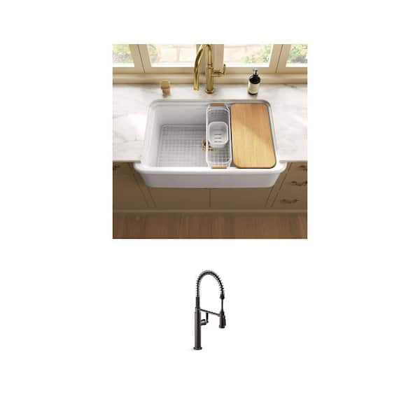 Edalyn Matte Black Pull Down Kitchen Faucet and Audrine 35.5 in. Farmhouse Kitchen Sink Combo