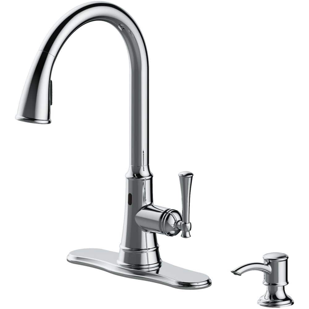 Glacier Bay Hemming Single Handle Touchless Pull Down Sprayer Kitchen Faucet with Soap Dispenser in Polished Chrome, Grey