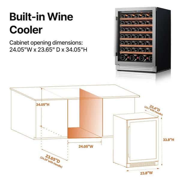 24" Single Zone 54-Bottle Built-In Wine Cooler Refrigerator Fridge Touch Panel Frost Free Dual Layer Tempered Glass Door