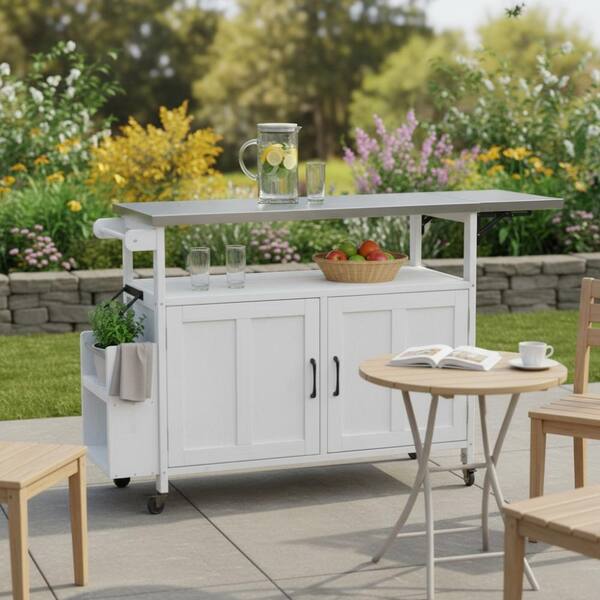60.6 in. Foldable White Kitchen Island, Outdoor Kitchen Cart 60.6 in. Foldable White Kitchen Island, Outdoor Kitchen Cart