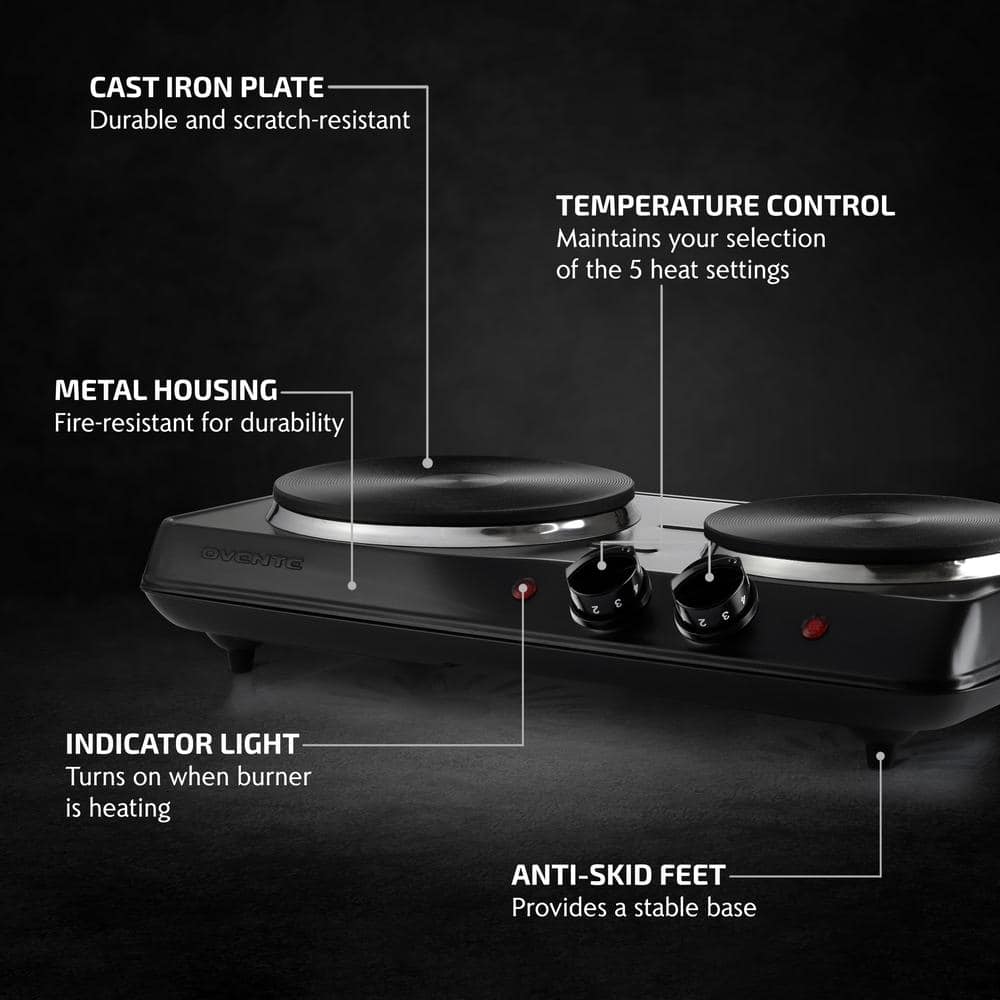 Black Double Burner Electric Cooktop with Cast Iron Plates
