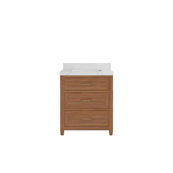 Willow Collections Santa Monica 30 in. W x 22 in. D x 36 in. H Single Sink Bath Vanity in Dark Natural with 2 in. Calacatta Sienna Qt. Top