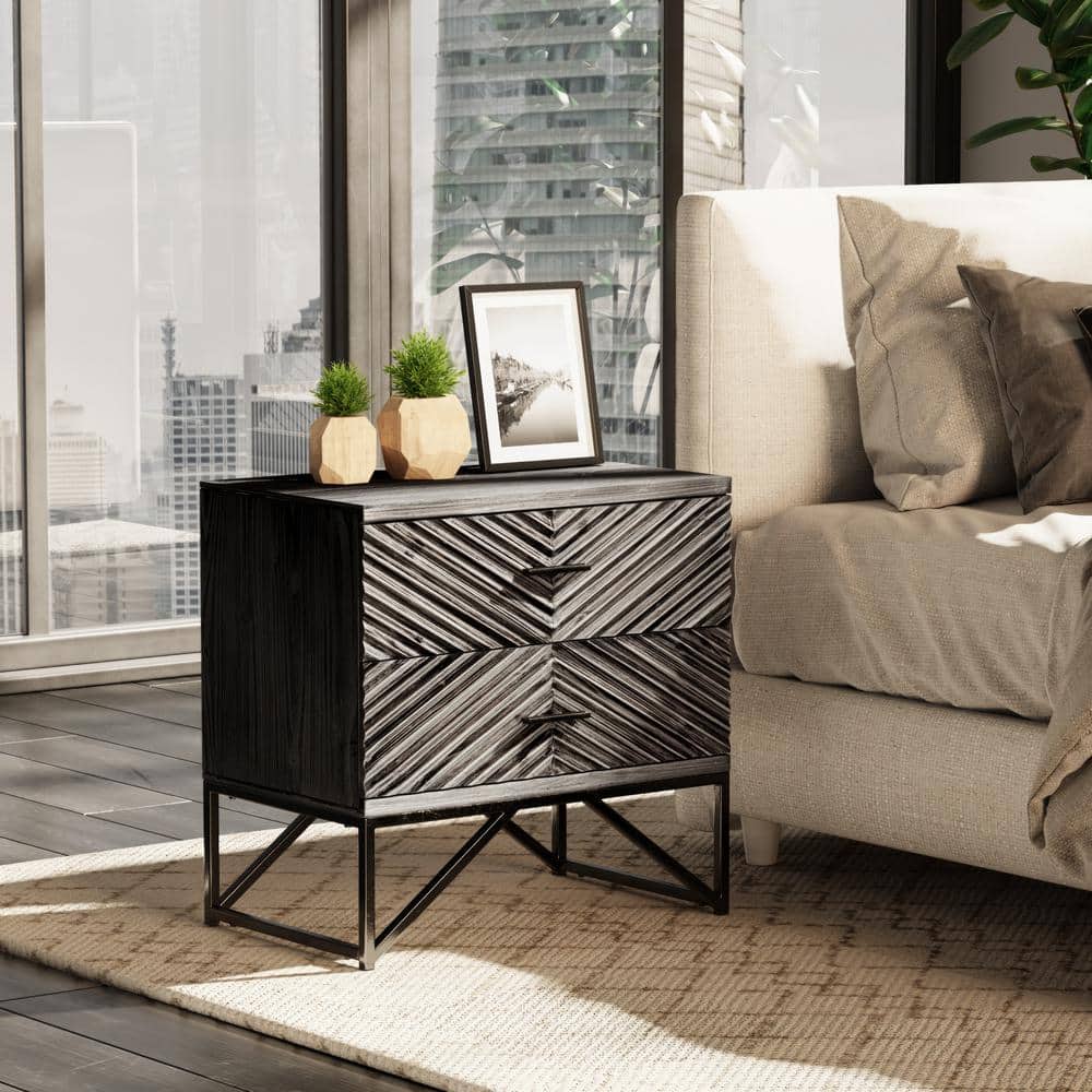 Distressed Black 2-Drawer Nightstand with Geometric Pattern and Metal Base
