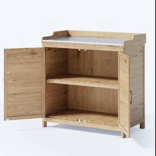 38.6 in W x 18.9 in D x 37.4 in H natural wood Outdoor Storage Cabinet with metal tabletop for gardens, backyards