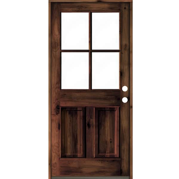 Krosswood Doors 32 in. x 80 in. Knotty Alder Left-Hand/Inswing 4-Lite Clear Glass Red Mahogany Stain Wood Prehung Front Door