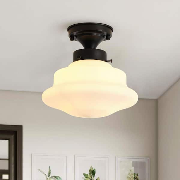 9.25 in. 1-Light Modern Matte Black Semi Flush Mount Vintage Close to Ceiling Light Fixture with Milk White Glass Shade