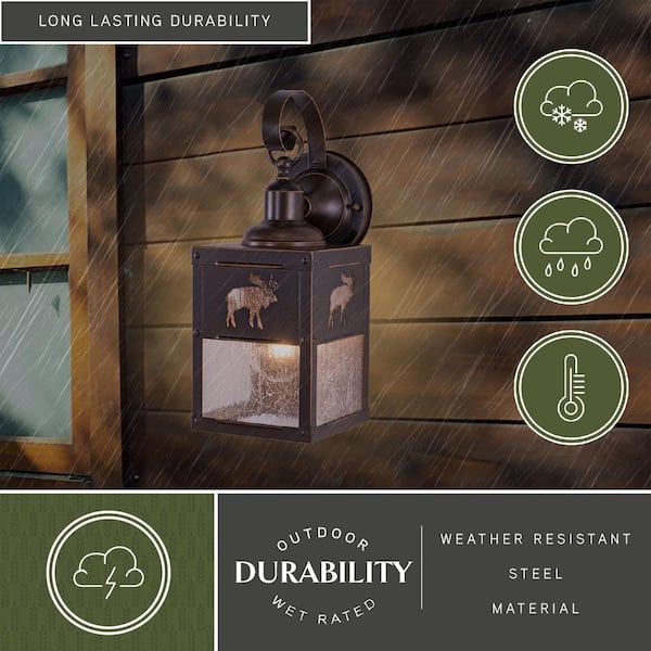 Yellowstone 1-Light Burnished Bronze Rustic Moose Tree Outdoor Wall Sconce Lantern Clear Glass
