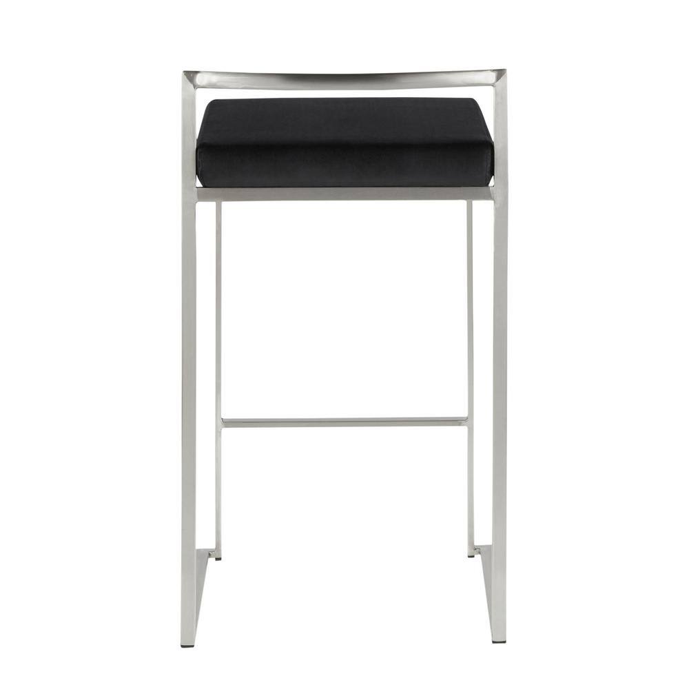 Fuji Brushed Stainless Steel Stackable Counter Stools with Black Velvet Cushion, Set of 2