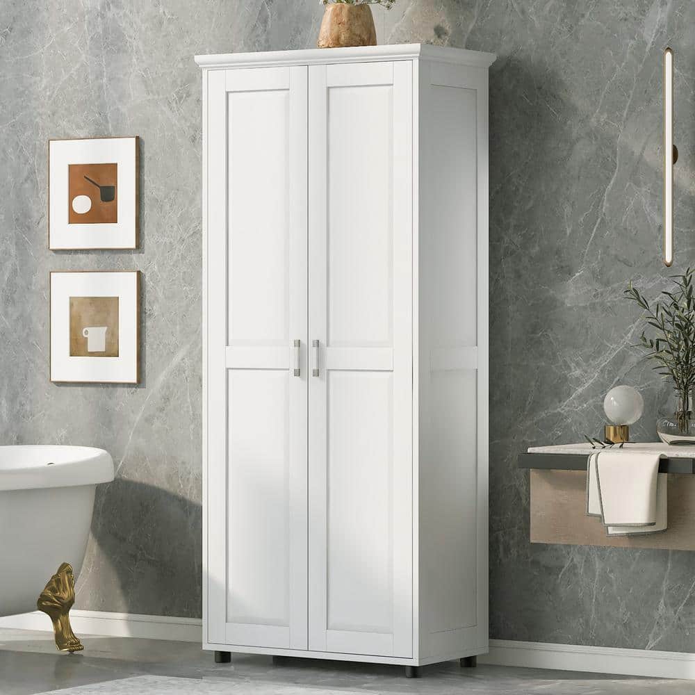 30 in. W x 14.6 in. D x 71.3 in. H White Wood Freestanding Linen Cabinet with Adjustable Shelf and Doors in White