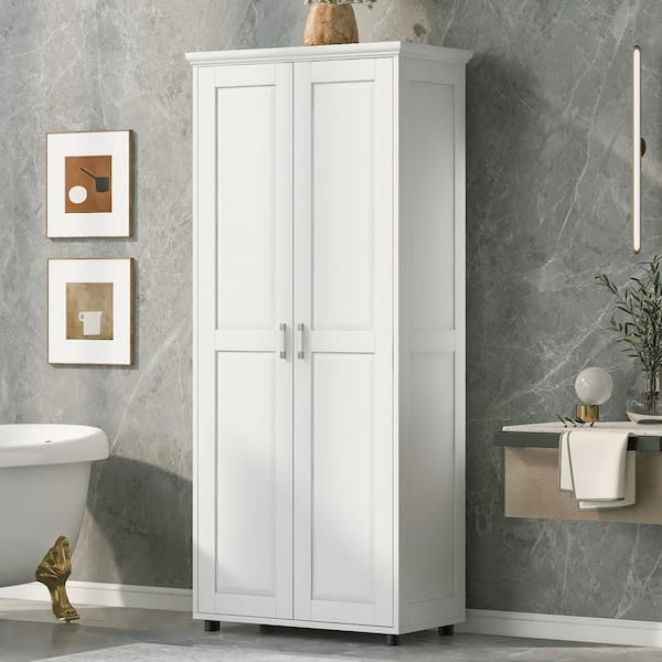 Qualler 30 in. W x 14.6 in. D x 71.3 in. H White Wood Freestanding Linen Cabinet with Adjustable Shelf and Doors in White