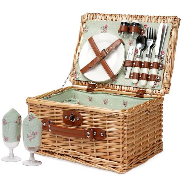 Numhew 2-Person Wicker Picnic Basket with Utensils Cutlery, Handmade Willow Hamper Basket