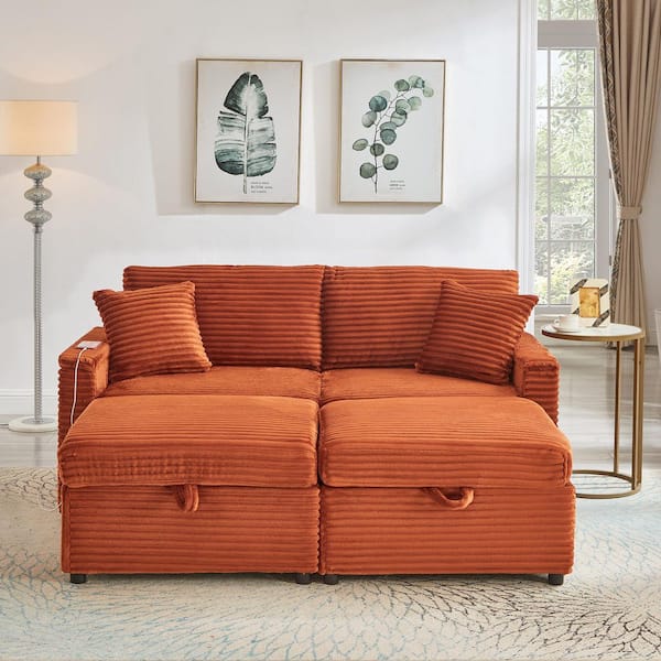 Sylvric Modern 68 in. Orange Fluffy Corduroy Upholstered 2-Seats Sofa Loveseat with Storage Ottomans and Table Board