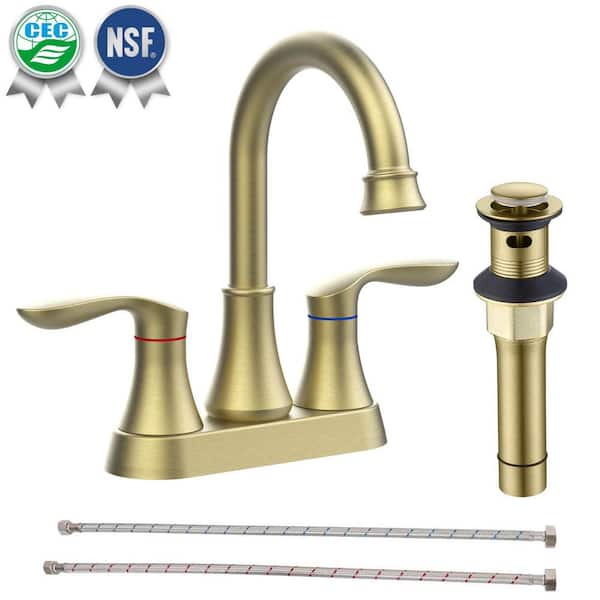 4 in. Centerset Double Handle High Arc Bathroom Faucet with Drain Kit Included and Pop-up Drain in Brushed Gold