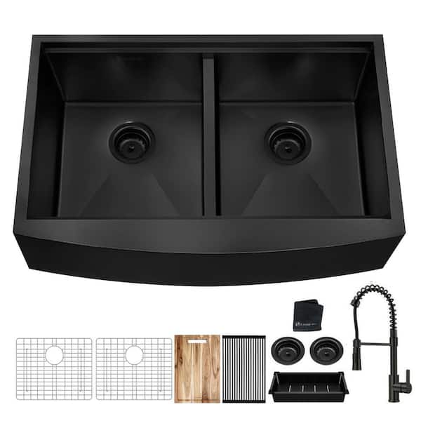 Glacier Bay 33 in. Farmhouse/Apron-Front Double Bowl 18 Gauge Black Stainless Steel Workstation Kitchen Sink with Spring Neck Faucet
